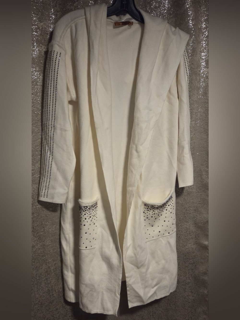 Belldini Cream Open-Front Long Cardigan with Studded Pocket & Sleeve Accents
